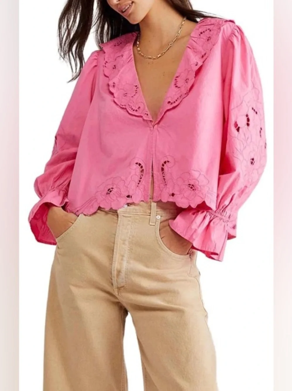 Free People Bubblegum Pink Maisie Cutwork Top